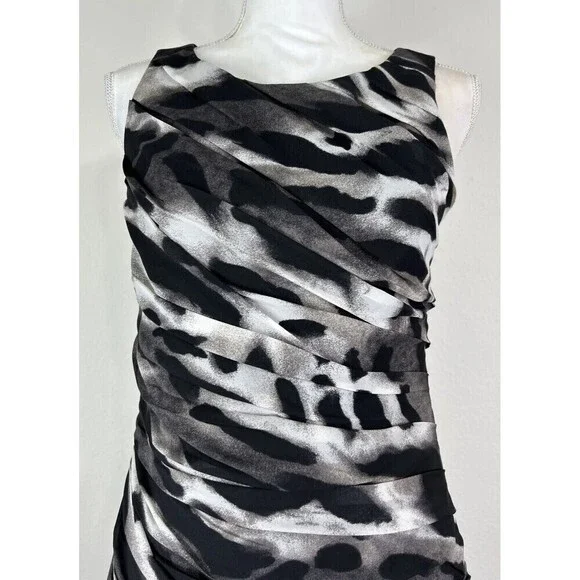 Ann Taylor Animal Print Ruched Sheath Dress Sleeveless Black Grey White Size 6 - Picture 11 of 14